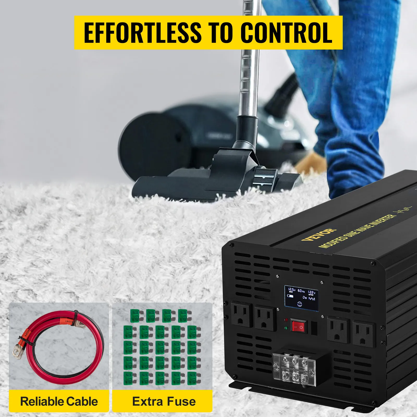 VEVOR power inverter enables effortless vacuuming; includes reliable cable and extra fuses.