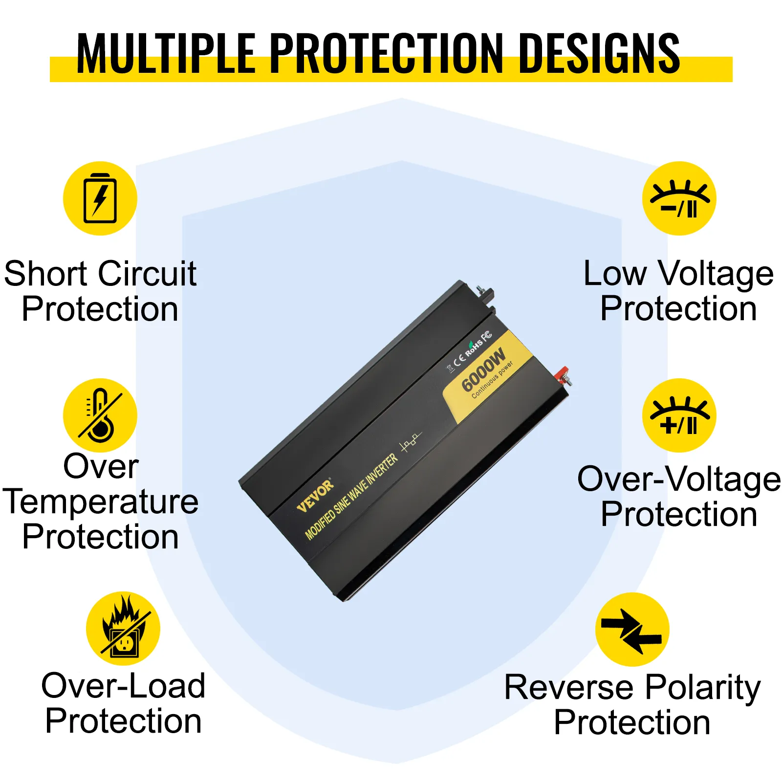 VEVOR power inverter with short circuit, low voltage, over temperature, and overload protection