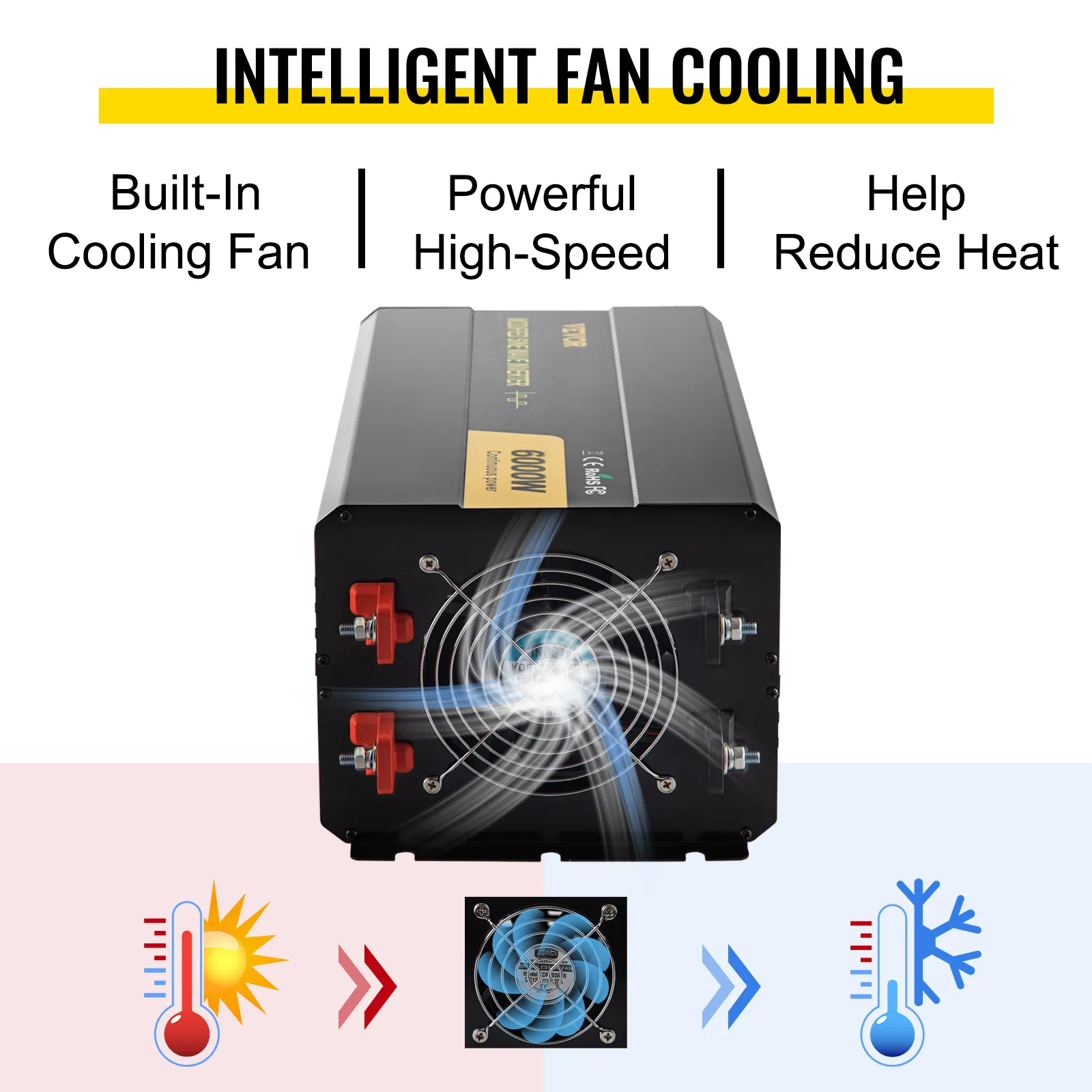 VEVOR power inverter with built-in high-speed cooling fan reduces heat efficiently.