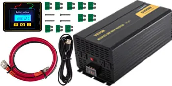 Kit inversor de corriente VEVOR con cables, conectores y pantalla de visualización.