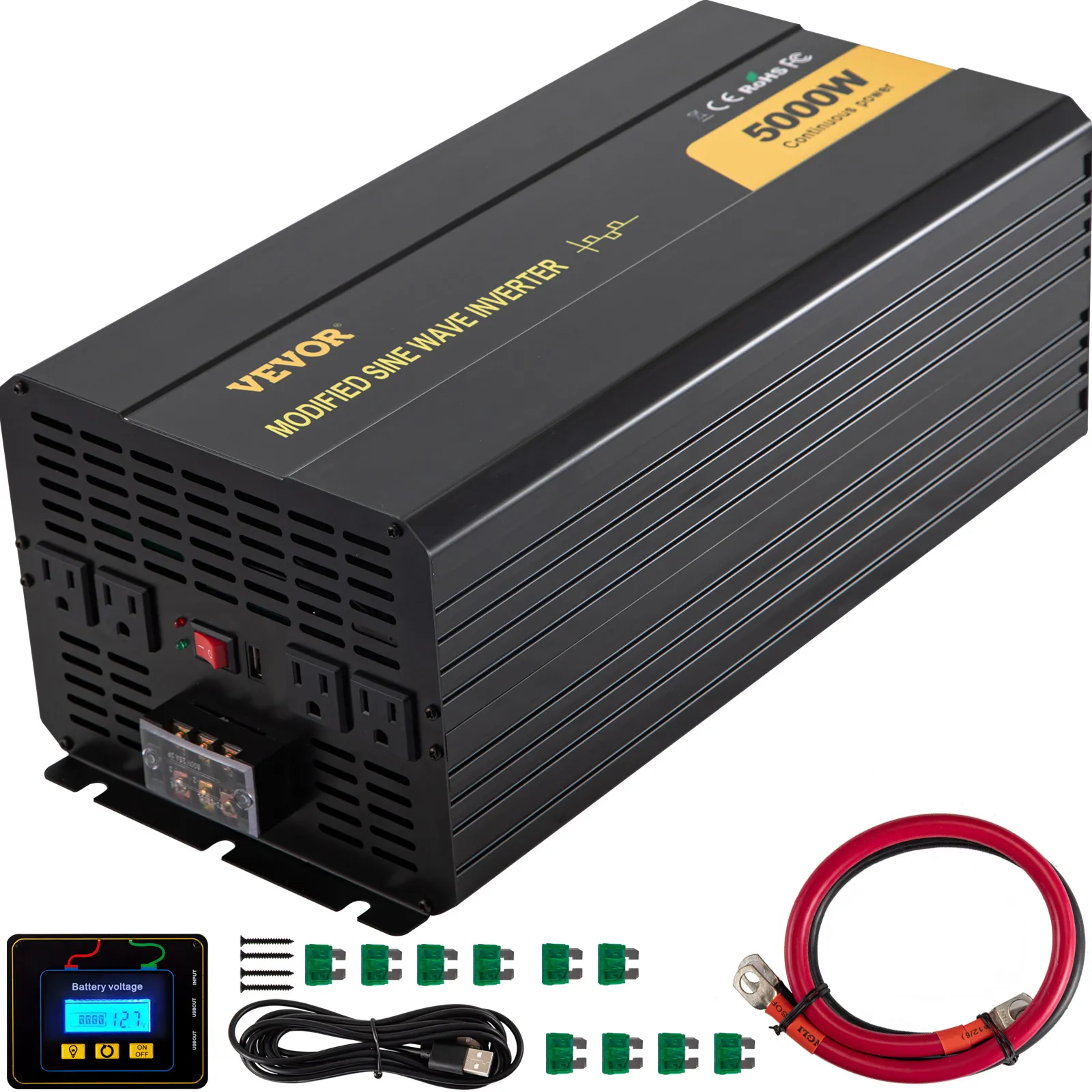 Inversor de corriente VEVOR 5000w con pantalla lcd, cables y conectores.