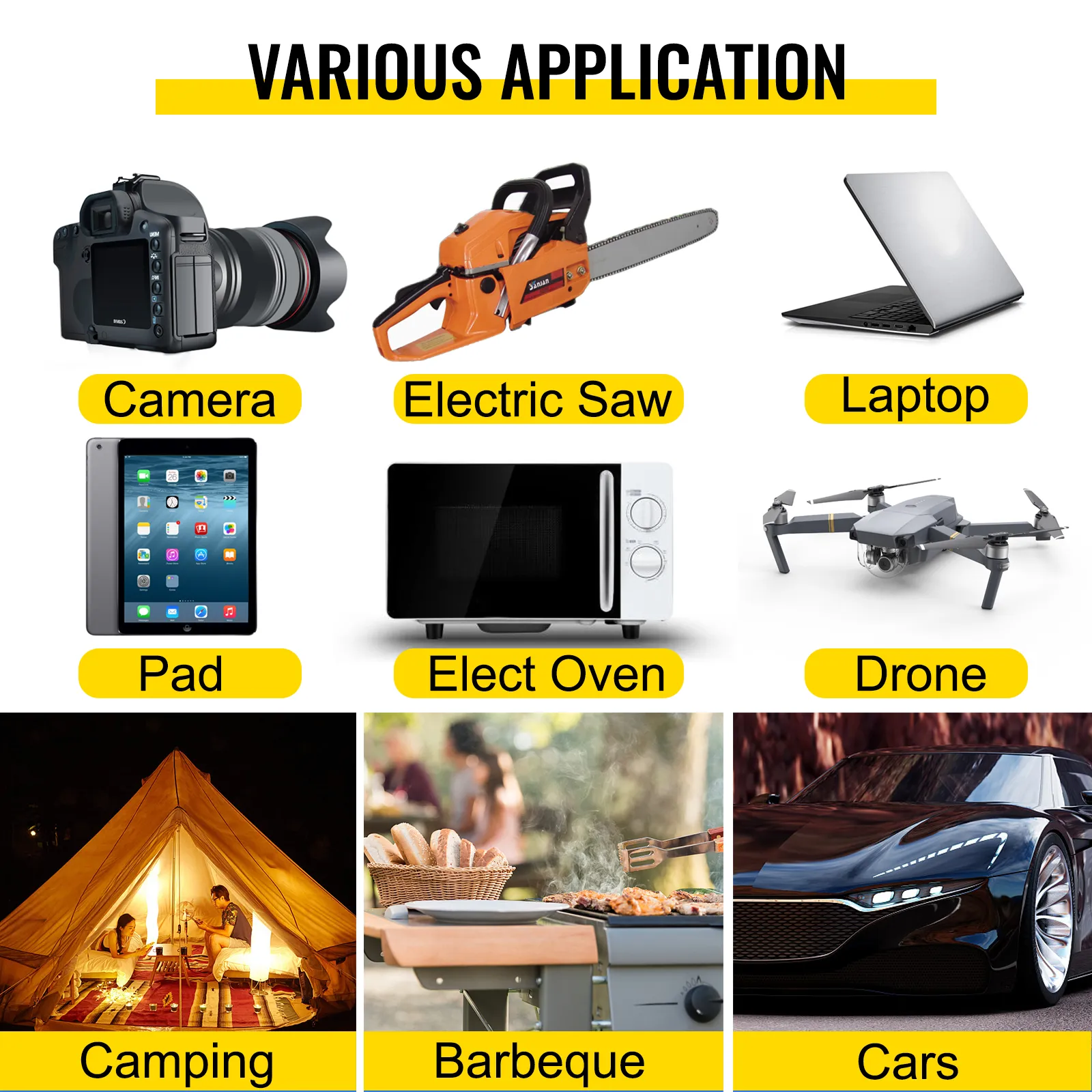 Varias aplicaciones del inversor de corriente VEVOR: cámara, sierra eléctrica, computadora portátil, almohadilla, horno, dron, camping, barbacoa, automóviles.