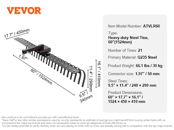 VEVOR sleephark met 21 robuuste stalen tanden, Q235-staal, 152 cm breed, gewicht 30 kg.