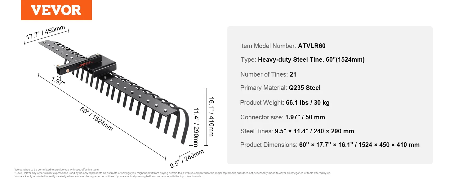 VEVOR sleephark met 21 robuuste stalen tanden, Q235-staal, 152 cm breed, gewicht 30 kg.