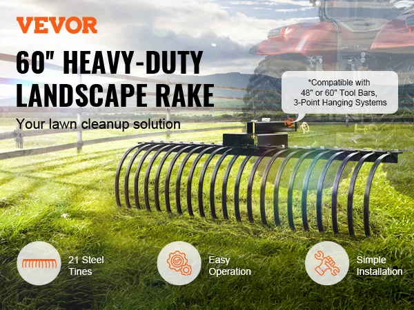 VEVOR sleephark, 60" zware hark voor het opruimen van gazons met 21 stalen tanden, eenvoudig te bedienen.