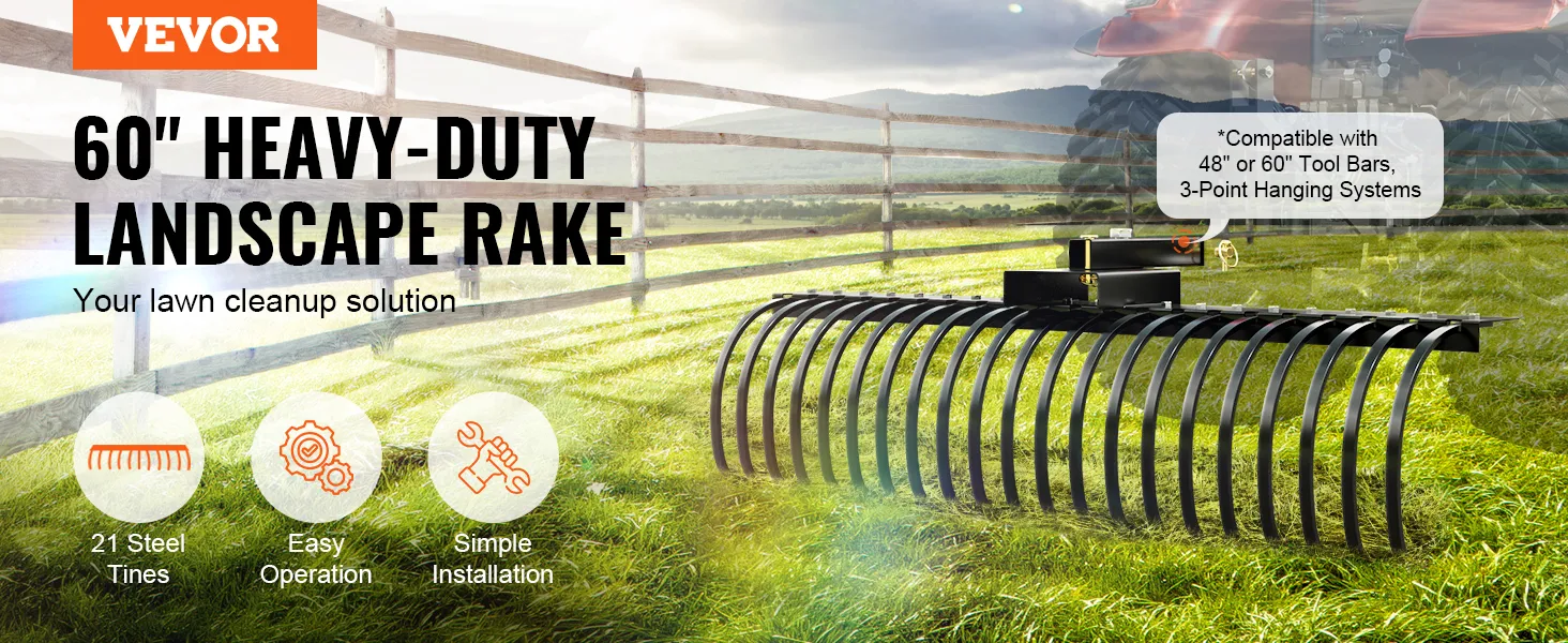 VEVOR sleephark, 60" zware hark voor het opruimen van gazons met 21 stalen tanden, eenvoudig te bedienen.