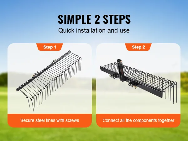 eenvoudige 2 stappen om de VEVOR sleephark te installeren: bevestig de bevestigingsmiddelen en zet de stalen tanden vast.