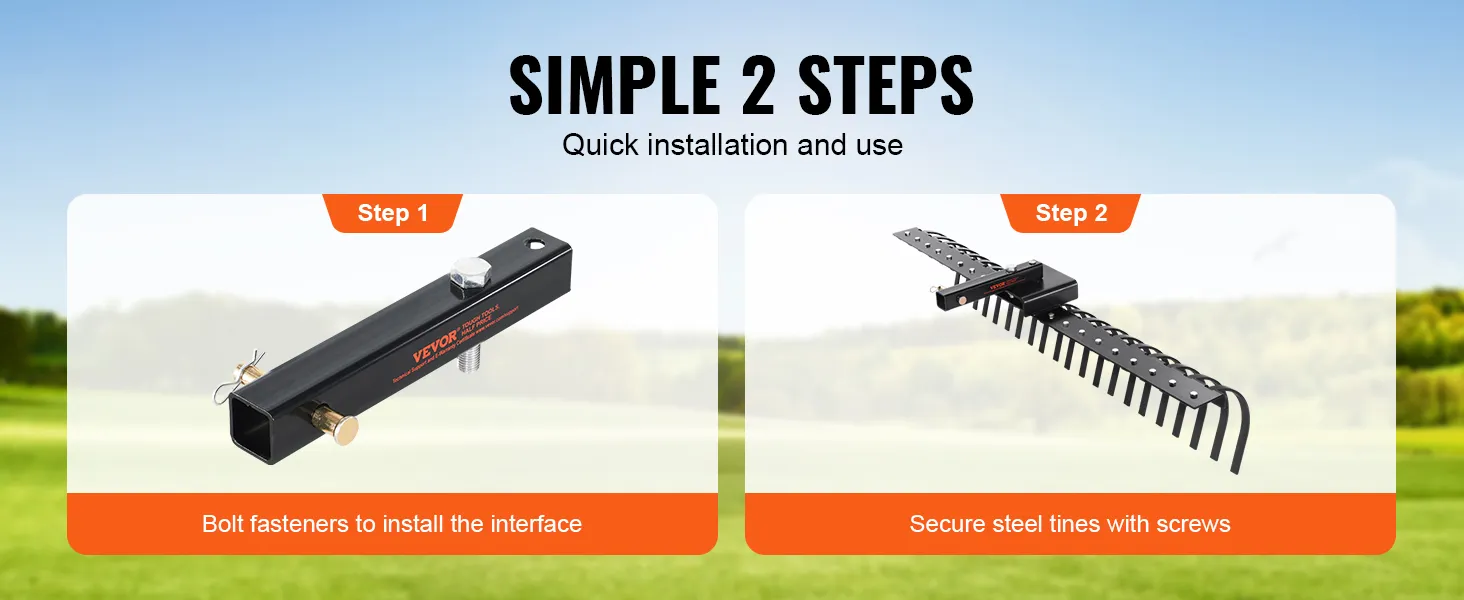 eenvoudige 2 stappen om de VEVOR sleephark te installeren: bevestig de bevestigingsmiddelen en zet de stalen tanden vast.