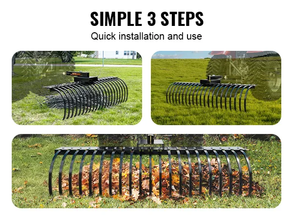 VEVOR sleept een hark achter het gazon om takken, bladeren en gras te verzamelen op een groen gazon.