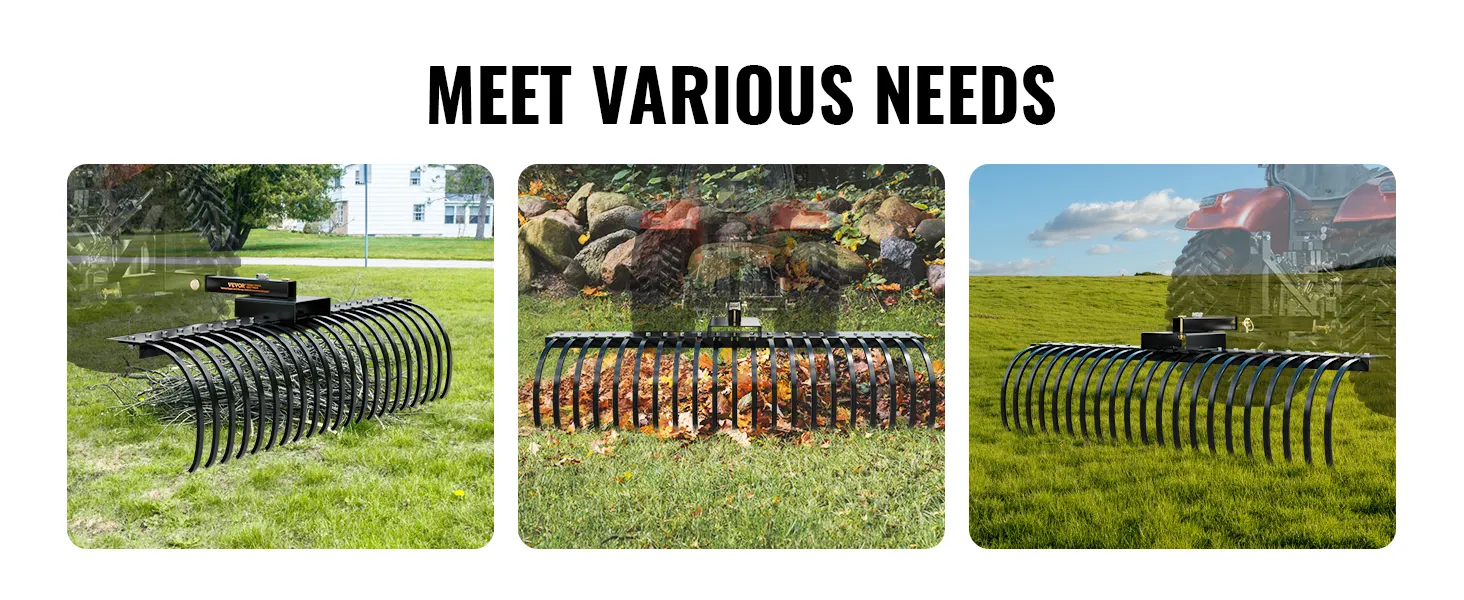 VEVOR sleept een hark achter het gazon om takken, bladeren en gras te verzamelen op een groen gazon.