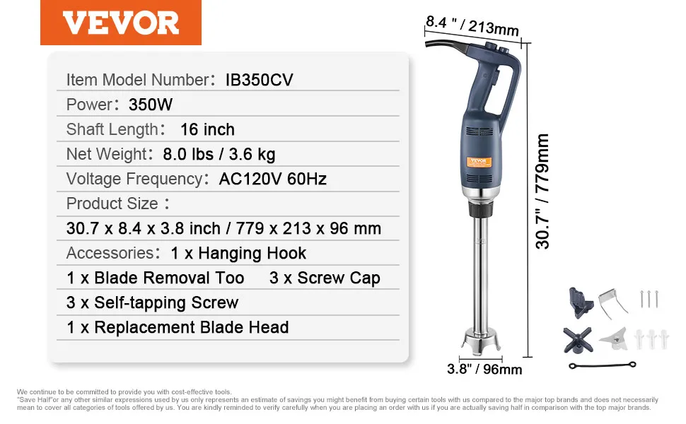 VEVOR commercial immersion blender specifications: 350w, 16" shaft, 8 lbs weight, includes accessories.