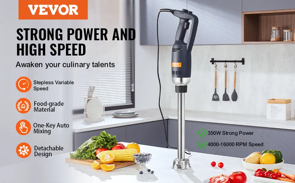 VEVOR commercial immersion blender with detachable design, 350w power, and 4000-16000 rpm speed in a modern kitchen.