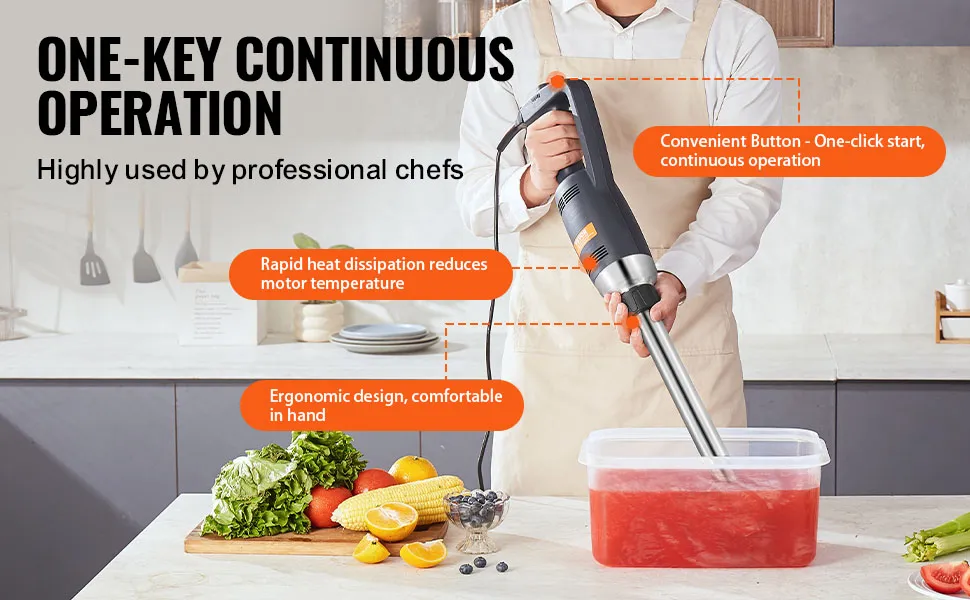 VEVOR commercial immersion blender with one-key continuous operation, ergonomic design, and rapid heat dissipation.