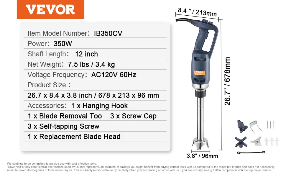 VEVOR immersion blender with specs: 350w, 12-inch shaft, 7.5 lbs, ac120v 60hz, accessories included.