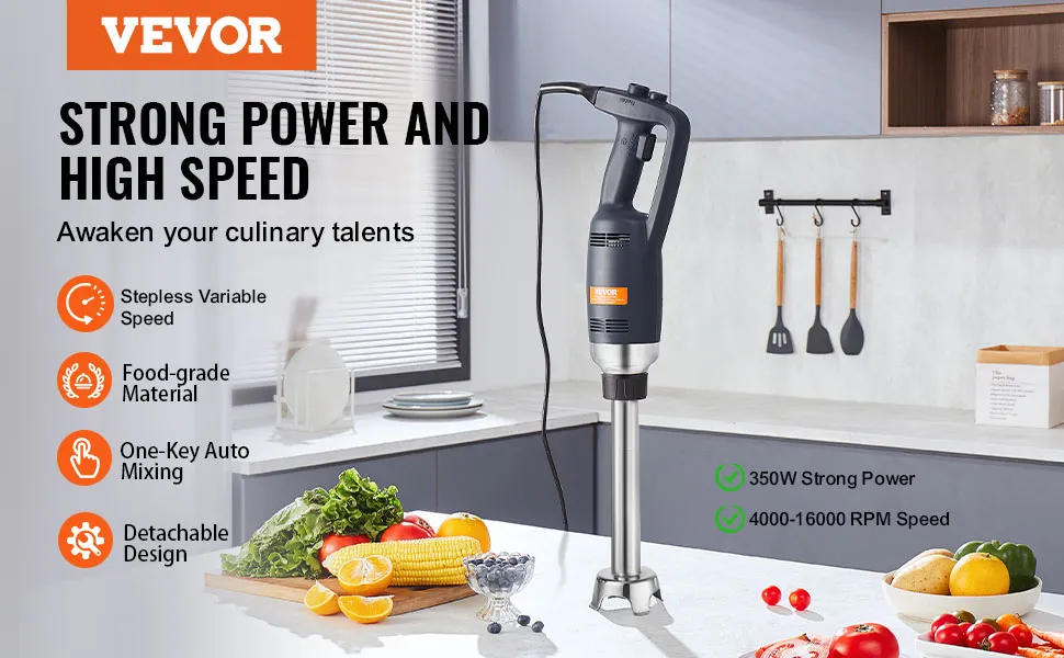 VEVOR immersion blender with detachable design, 350w power, and stepless variable speed in modern kitchen.