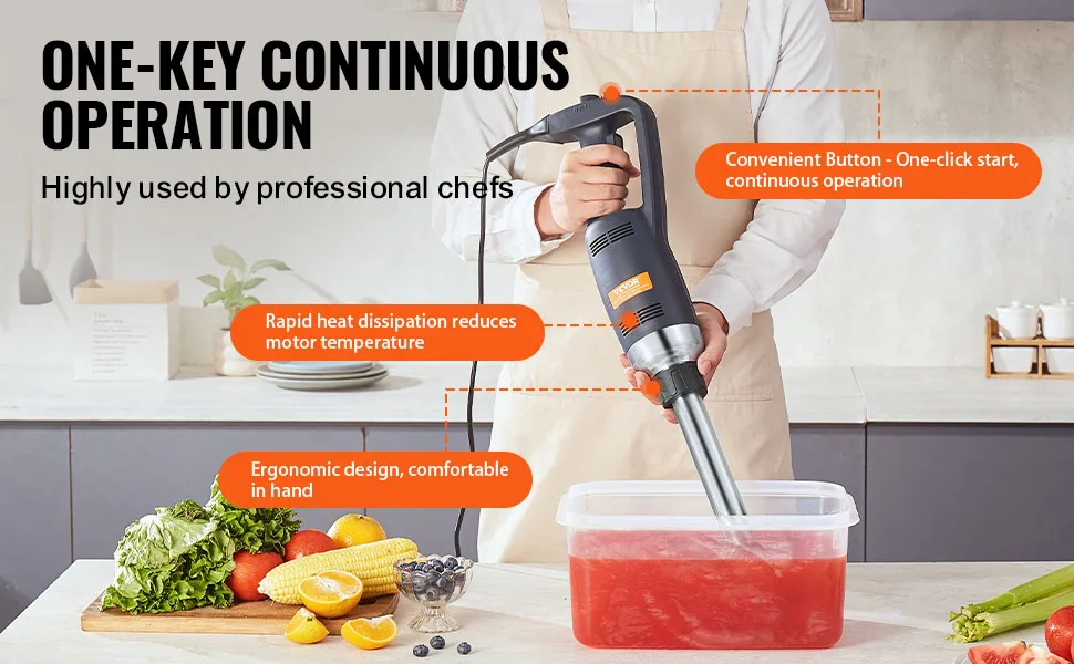 professional chef using VEVOR immersion blender for seamless continuous operation in a modern kitchen.