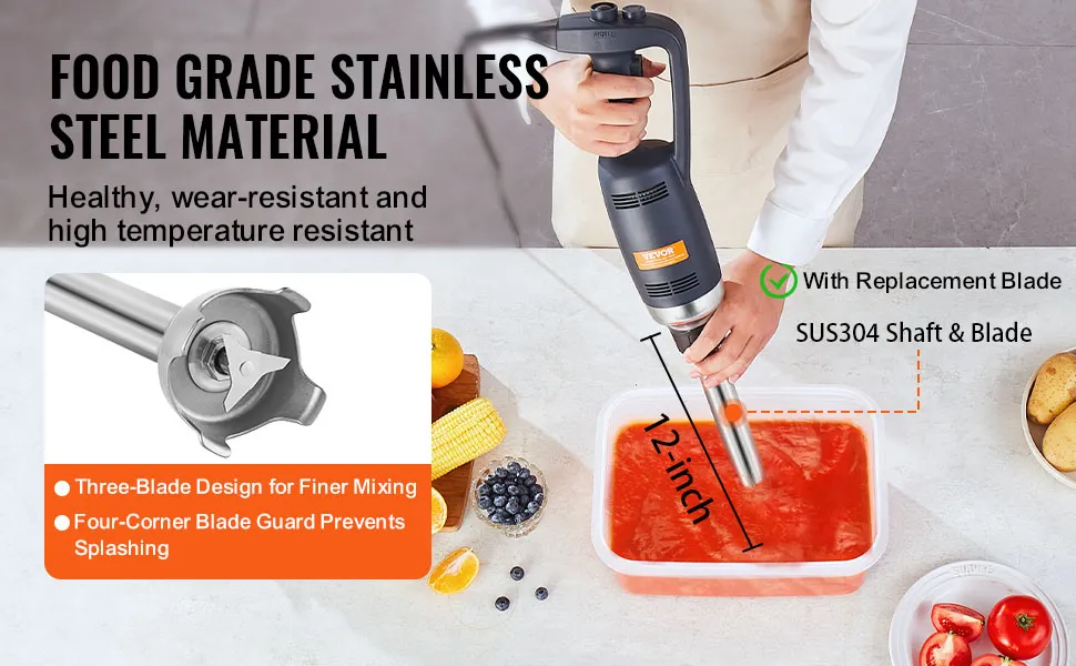 VEVOR immersion blender with sus304 shaft, three-blade design, and four-corner blade guard.