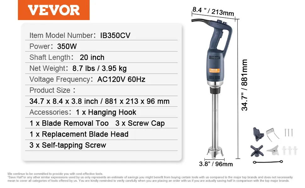 VEVOR commercial immersion blender ib350cv, 350w, 20-inch shaft, ac120v 60hz, 8.7 lbs, accessories listed.