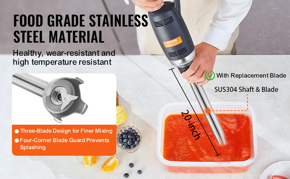 VEVOR commercial immersion blender blending red liquid, highlighting stainless steel material and blade features.