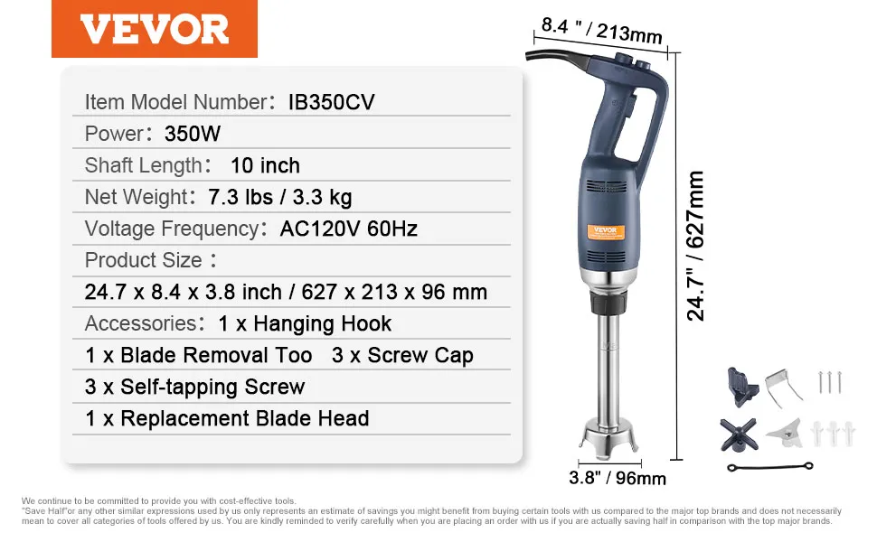 VEVOR immersion blender ib350cv, 350w, 10-inch shaft, 7.3 lbs, ac120v 60hz.