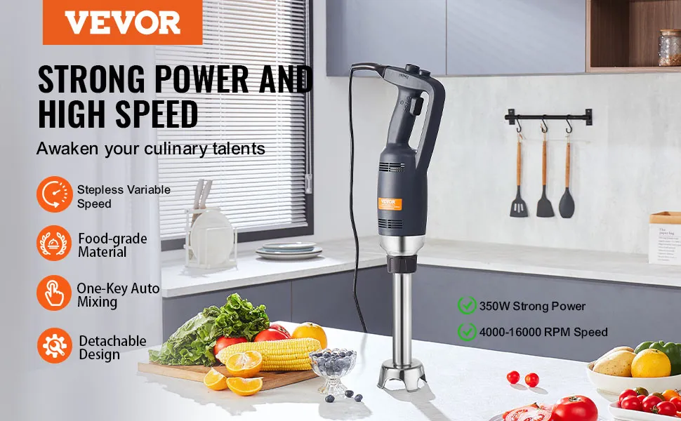 VEVOR immersion blender in a modern kitchen with fresh fruits and vegetables, highlighting features.