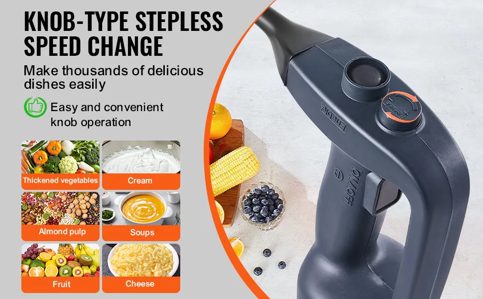 VEVOR immersion blender with knob-type speed change, ideal for thickened vegetables, cream, soups.