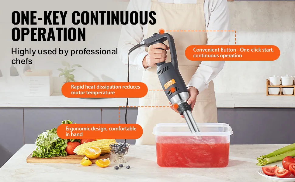 chef using a VEVOR immersion blender in the kitchen, highlighting its ergonomic design and quick heat dissipation.