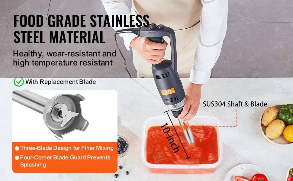VEVOR immersion blender with sus304 stainless steel shaft and blade, featuring three-blade design.