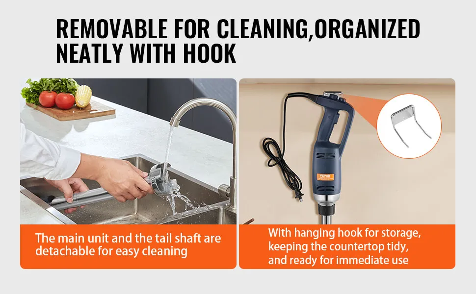 VEVOR immersion blender with detachable parts for cleaning and a hook for easy storage.