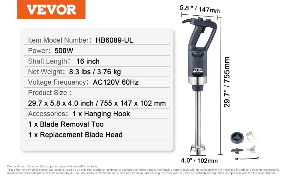 VEVOR immersion blender hb6089-ul, 500w, 16" shaft, 8.3 lbs, ac120v 60hz, with accessories overview.