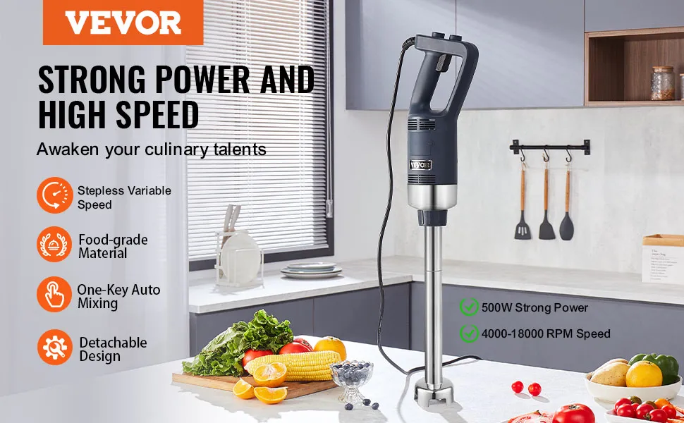 VEVOR immersion blender on kitchen counter with vegetables and speed settings highlighted.
