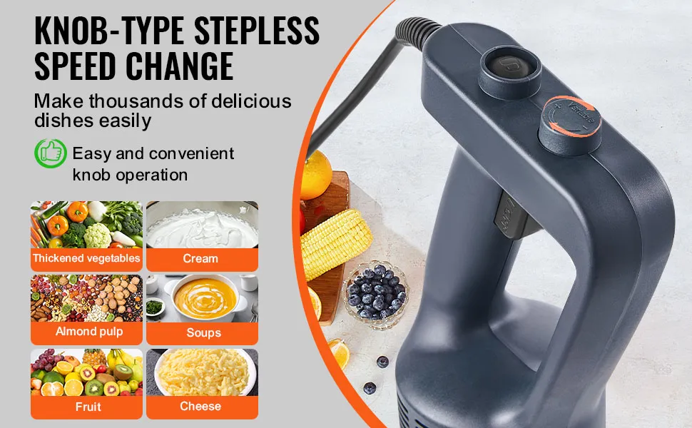 VEVOR immersion blender with knob-type stepless speed change, blending vegetables, cream, soups, and more.