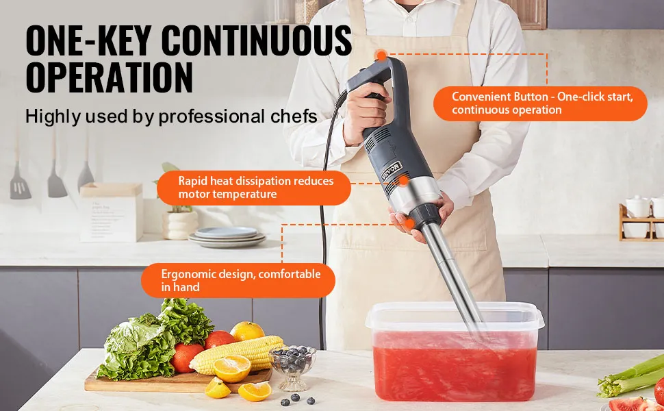 person using VEVOR immersion blender in modern kitchen with fruits and vegetables, showcasing features.