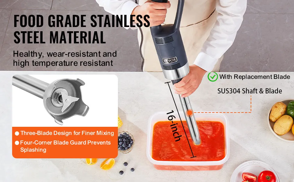 VEVOR immersion blender with stainless steel shaft, blending tomato sauce in a container, 3-blade design.