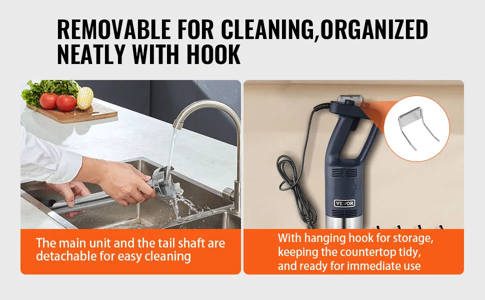 VEVOR immersion blender, detachable for cleaning, with hanging hook for organized storage.