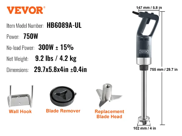 Licuadora de inmersión comercial VEVOR hb6089a-ul, 750w, incluye gancho de pared, extractor de cuchillas, cabezal de repuesto.
