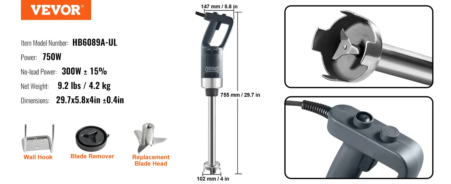 Licuadora de inmersión comercial VEVOR hb6089a-ul, 750w, incluye gancho de pared, extractor de cuchillas, cabezal de repuesto.