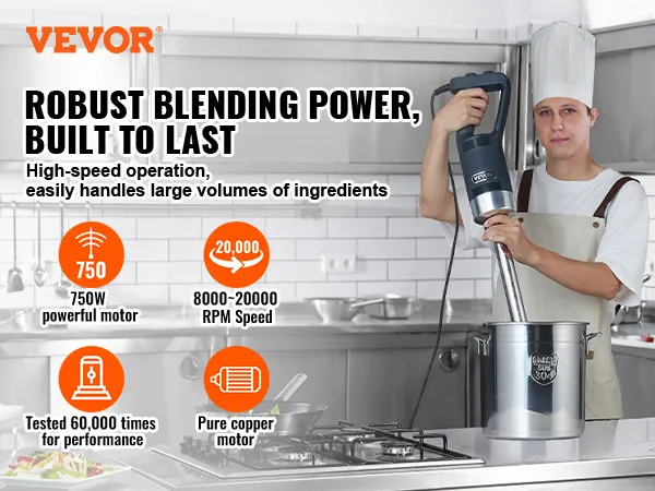 Licuadora de inmersión comercial VEVOR con motor de 750w y 20.000 rpm para mezclar grandes volúmenes a alta velocidad.