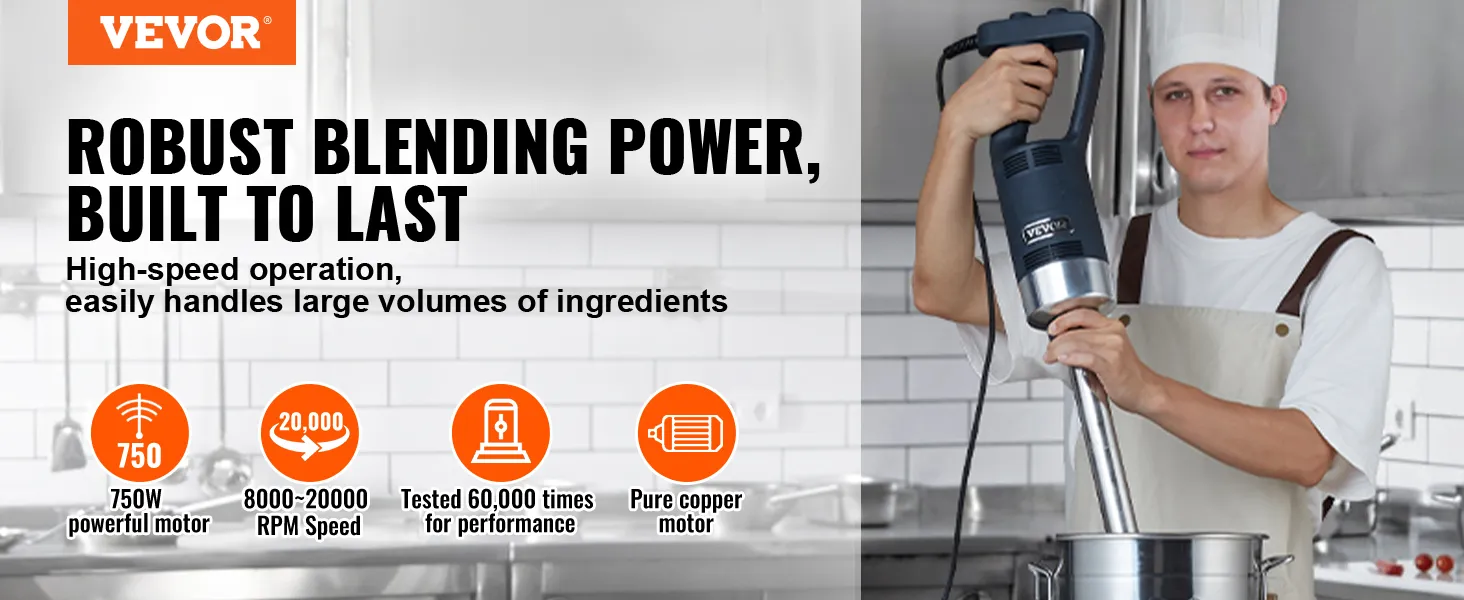 Licuadora de inmersión comercial VEVOR con motor de 750w y 20.000 rpm para mezclar grandes volúmenes a alta velocidad.
