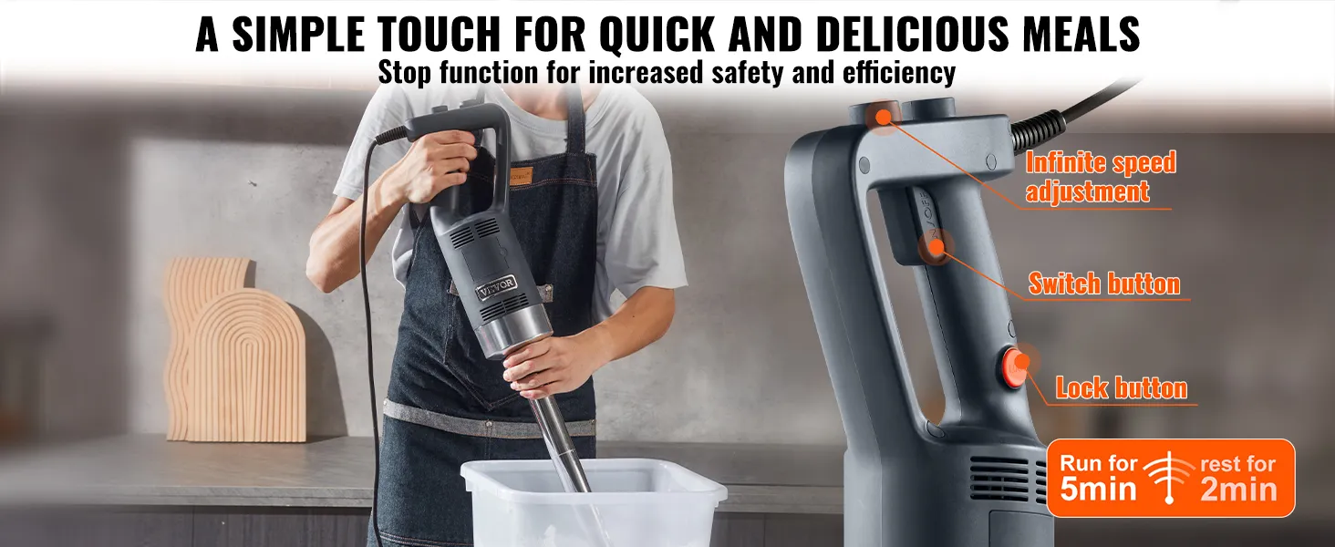 Licuadora de inmersión comercial VEVOR en uso, características detalladas etiquetadas: ajuste de velocidad, interruptor, botón de bloqueo.