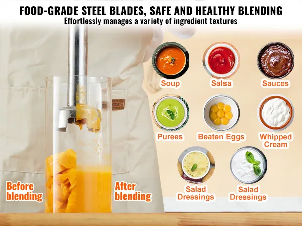 La licuadora de inmersión comercial VEVOR mezcla sin esfuerzo aderezos para ensaladas, sopas, purés y crema batida.