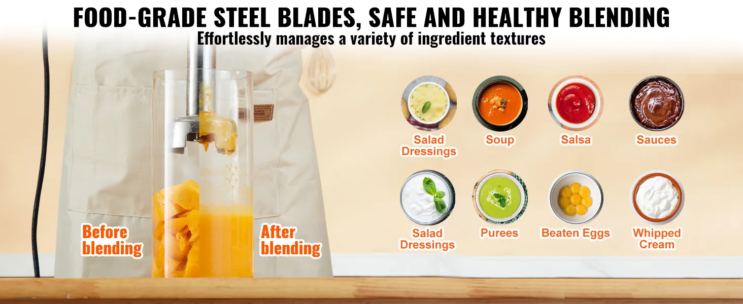 La licuadora de inmersión comercial VEVOR mezcla sin esfuerzo aderezos para ensaladas, sopas, purés y crema batida.