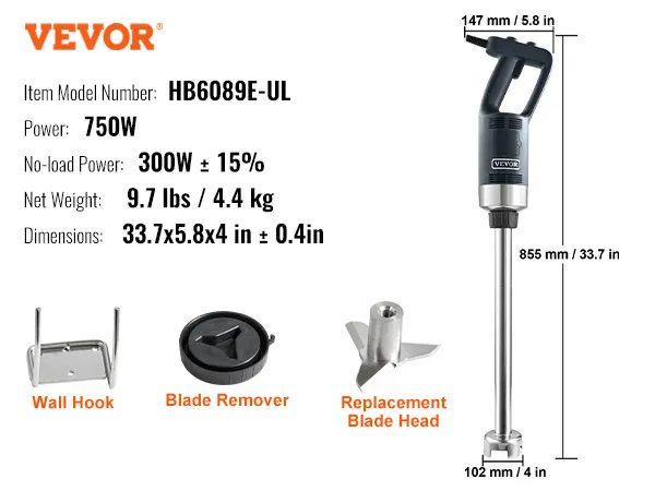 Licuadora de inmersión comercial VEVOR hb6089e-ul, 750w, 9.7 lbs, incluye extractor de cuchillas y gancho de pared.