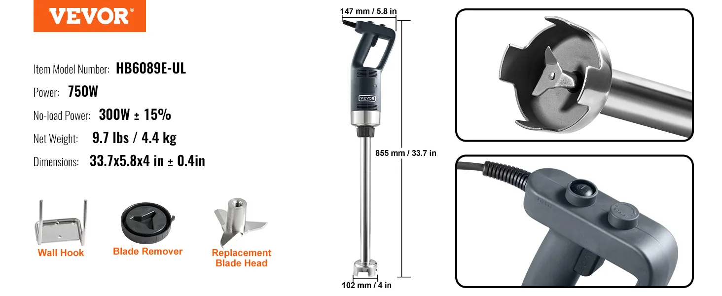 Licuadora de inmersión comercial VEVOR hb6089e-ul, 750w, 9.7 lbs, incluye extractor de cuchillas y gancho de pared.