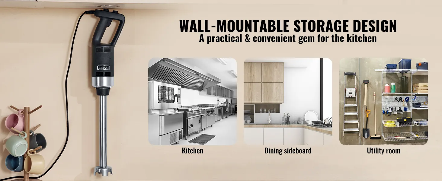 Licuadora de inmersión comercial VEVOR, diseño de almacenamiento montable en la pared para cocina, aparador de comedor, lavadero.