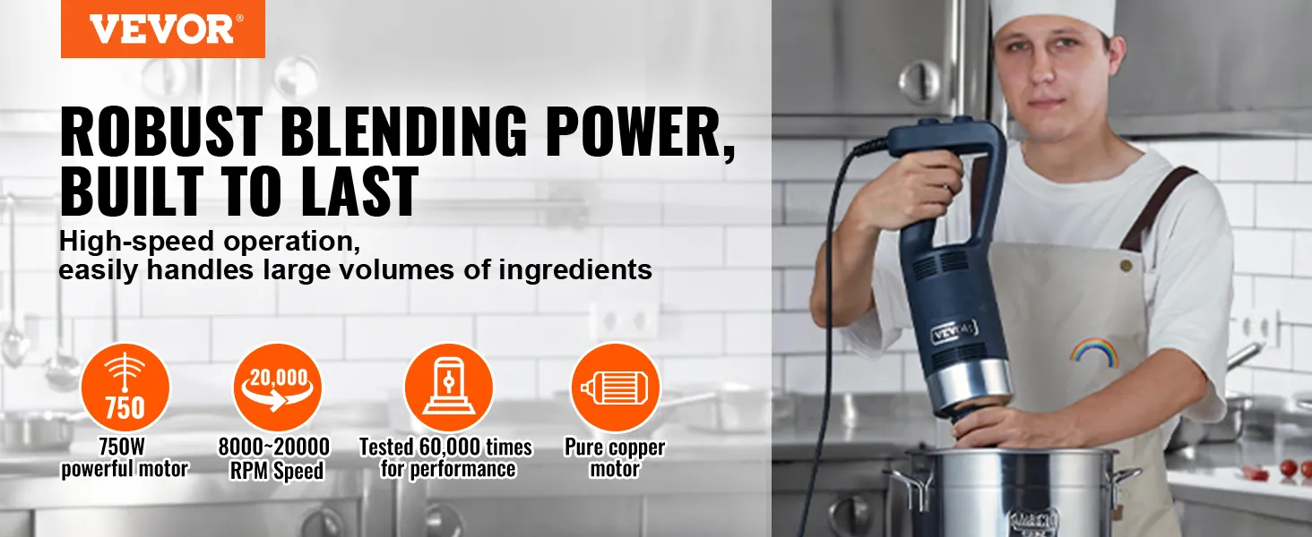 Licuadora de inmersión comercial VEVOR en uso, mostrando su motor de 750w, alta velocidad de rpm y durabilidad.