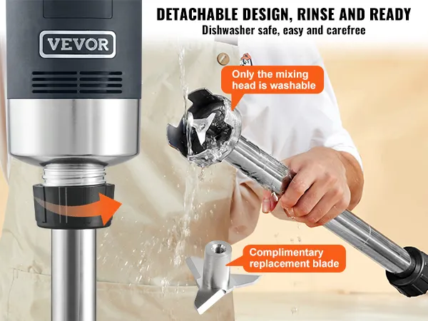 Licuadora de inmersión comercial VEVOR con diseño desmontable, que muestra cabezal de mezcla y cuchilla de repuesto.