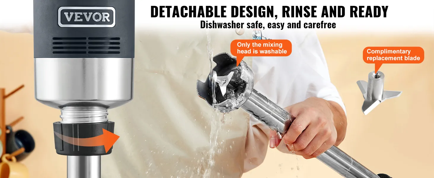 Licuadora de inmersión comercial VEVOR con diseño desmontable, que muestra cabezal de mezcla y cuchilla de repuesto.