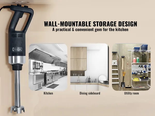 Licuadora de inmersión comercial VEVOR montada en la pared en múltiples configuraciones de cocina y almacenamiento.