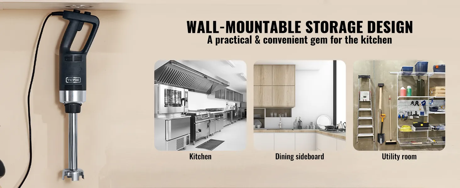 Licuadora de inmersión comercial VEVOR montada en la pared en múltiples configuraciones de cocina y almacenamiento.